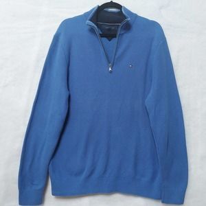 Mens Tommy Hilfiger Sweater Size Large Pullover 1/4 Zip Light Blue Cotton Casual